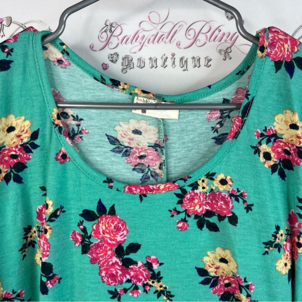 Bobbie Brooks long sleeve asymmetrical hem fairy flowers Teal Floral Blouse - Picture 11 of 14